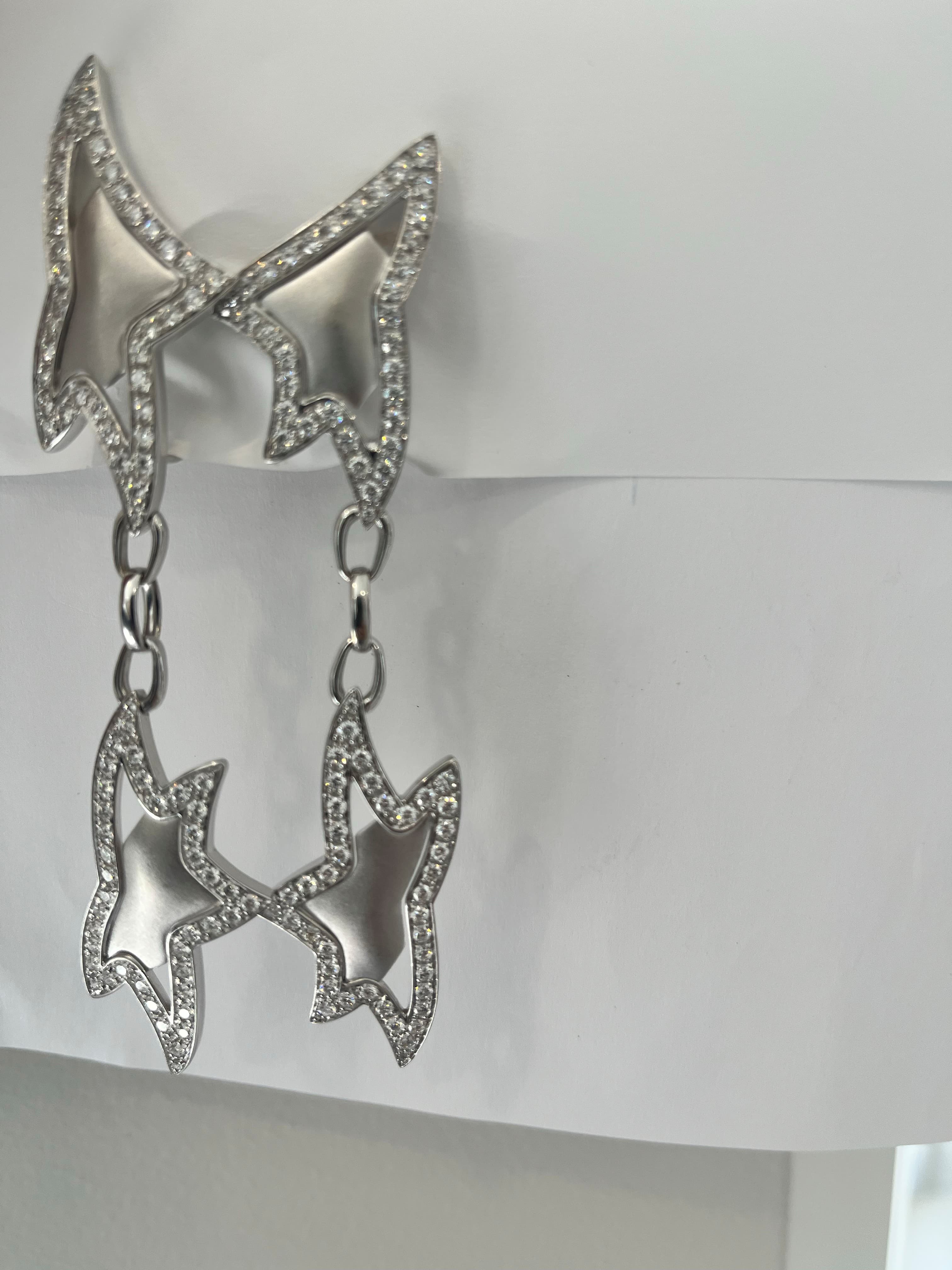 18K White Gold Diamond Star Drop Earrings Featuring 4.50ctw Diamonds, 3˝" Long