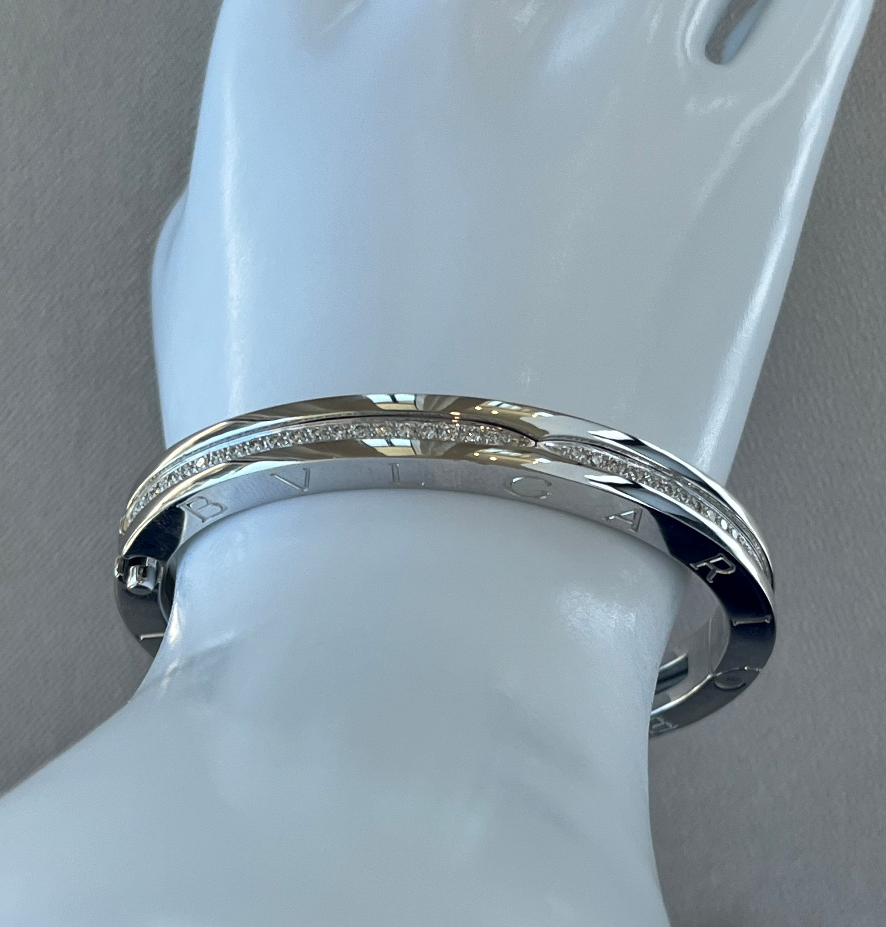 18K White Gold Bulgari Diamond Bangle Bracelet Featuring 1.40ctw Diamonds, 58.48 Grams