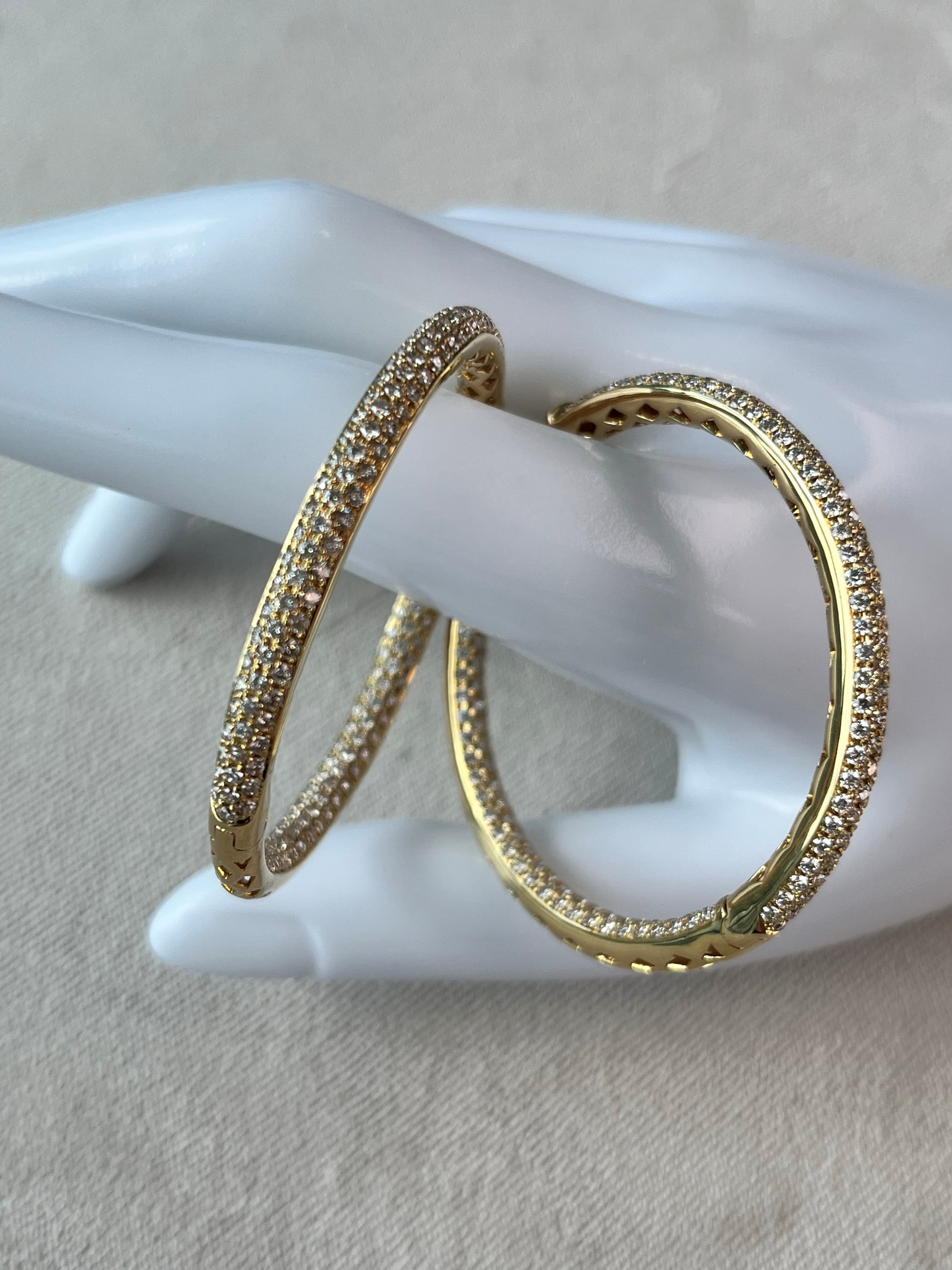 18K Yellow Gold Pavé Diamond Hoop Earrings Featuring 4.50ctw Diamonds, 2" Diameter, Inside and Outside Set