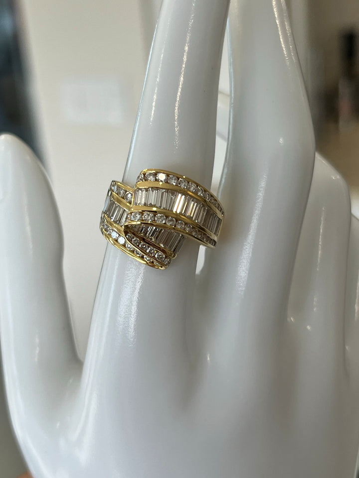18K Yellow Gold Charles Krypell Ribbon Ring Featuring 1.41ctw Round Diamonds and 2.39ctw Baguette Diamonds