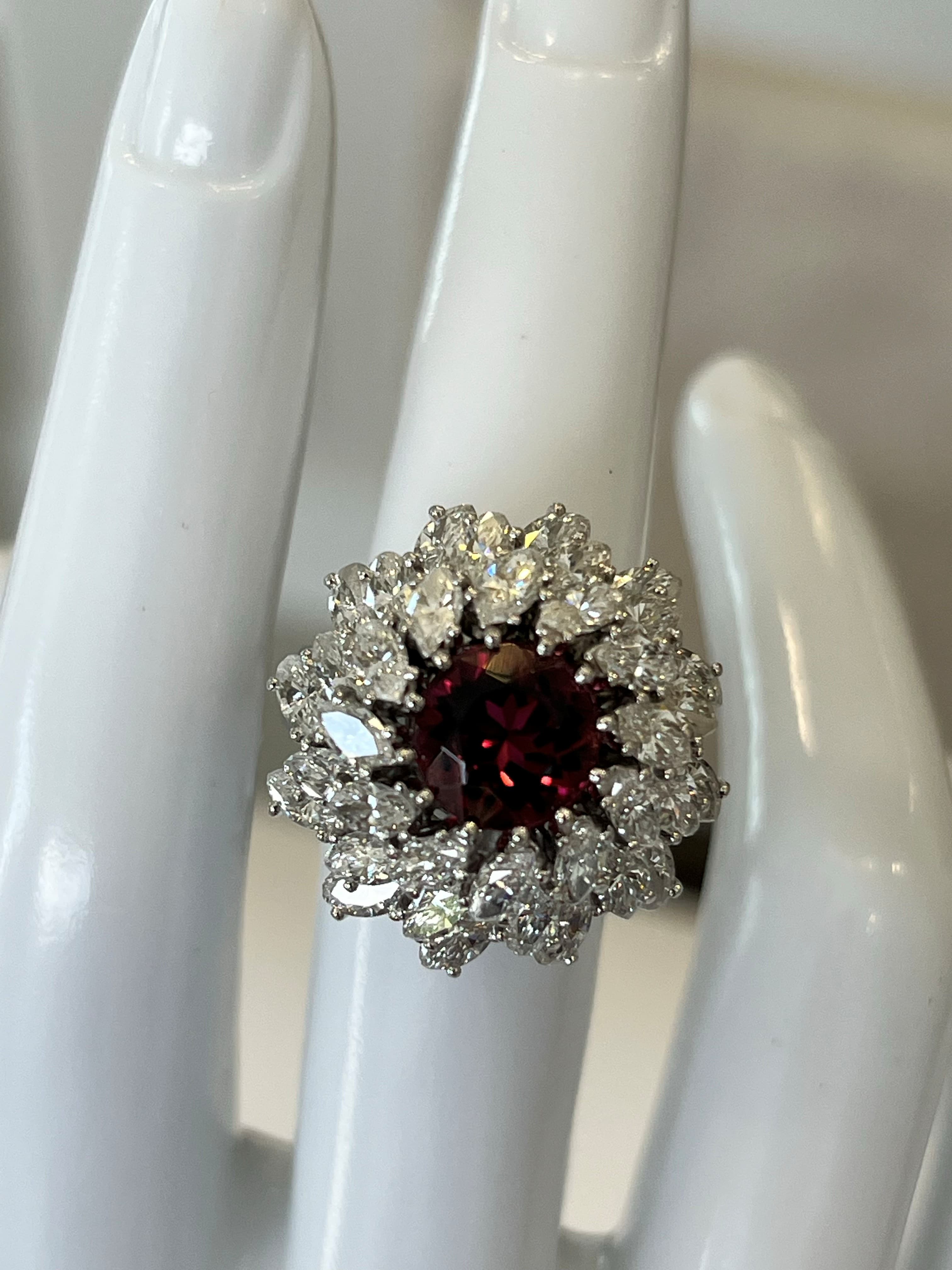Platinum Ring Featuring a 2.88ct Pinkish-Red Tourmaline with 2.50ctw Round and Marquise Diamonds