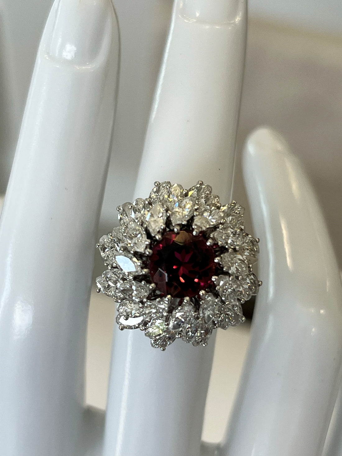 Platinum Ring Featuring a 2.88ct Pinkish-Red Tourmaline with 2.50ctw Round and Marquise Diamonds