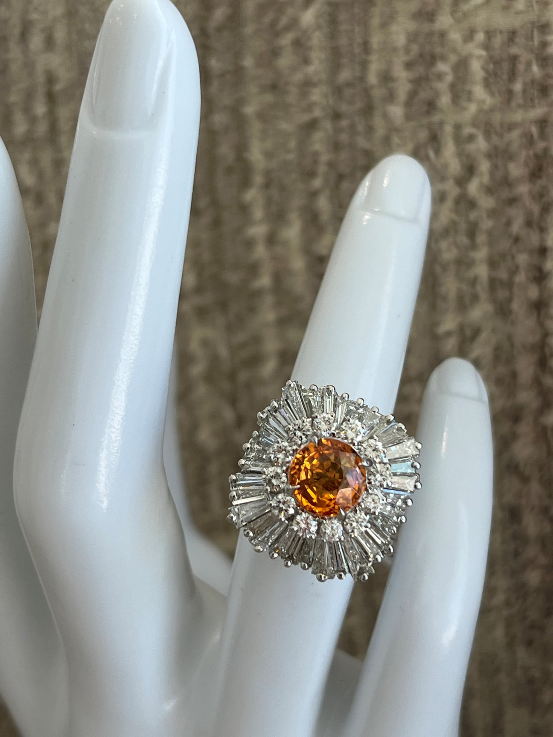 Platinum Ballerina Ring Featuring a 3.08ct Garnet with .72ctw Round Diamonds and 2.00ctw Baguette Diamonds