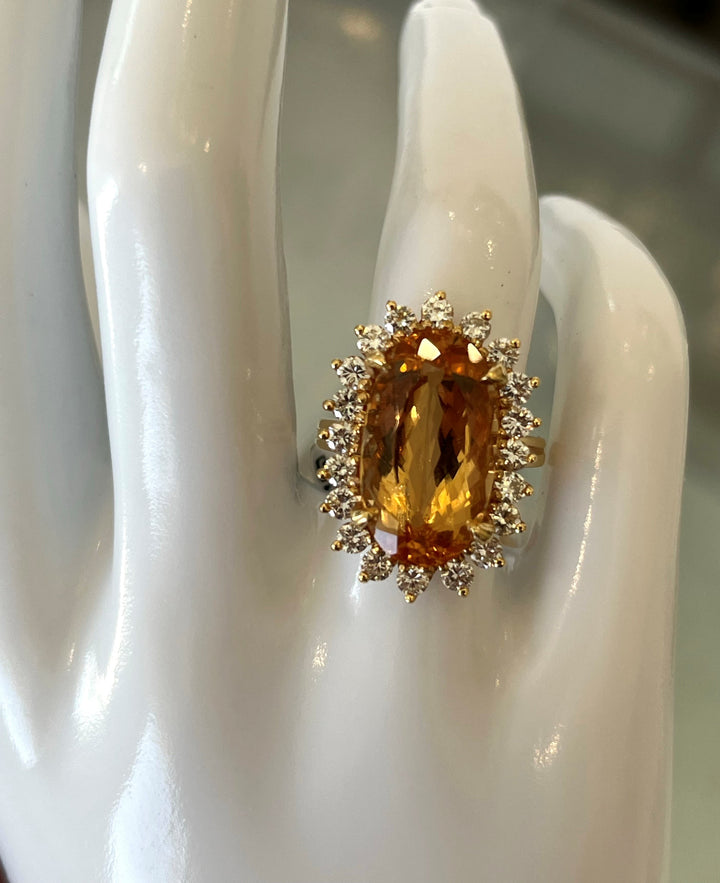 14K Yellow Gold Ring Featuring a 12.00ct Imperial Topaz with 1.05ctw Diamond Accents