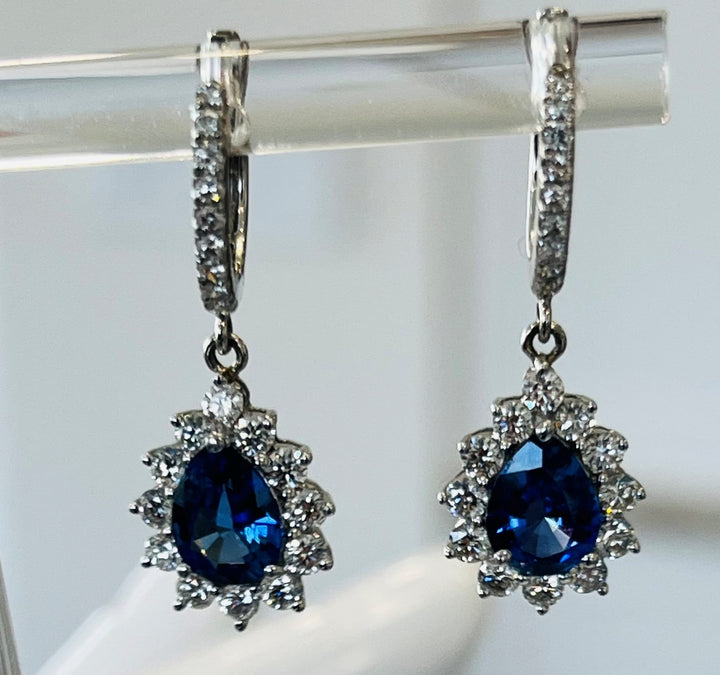 18K White Gold Drop Earrings Featuring 1.71ct Pear-Shaped Ceylon Sapphires and .95ctw Diamonds