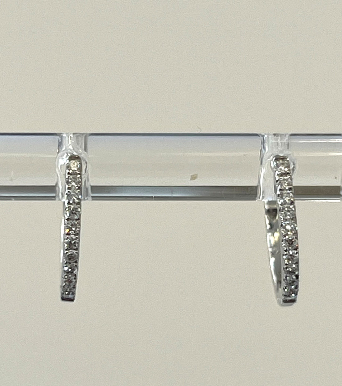 14K White Gold Diamond Huggie Hoop Earrings Featuring .11ctw Diamonds, 3/8" Long