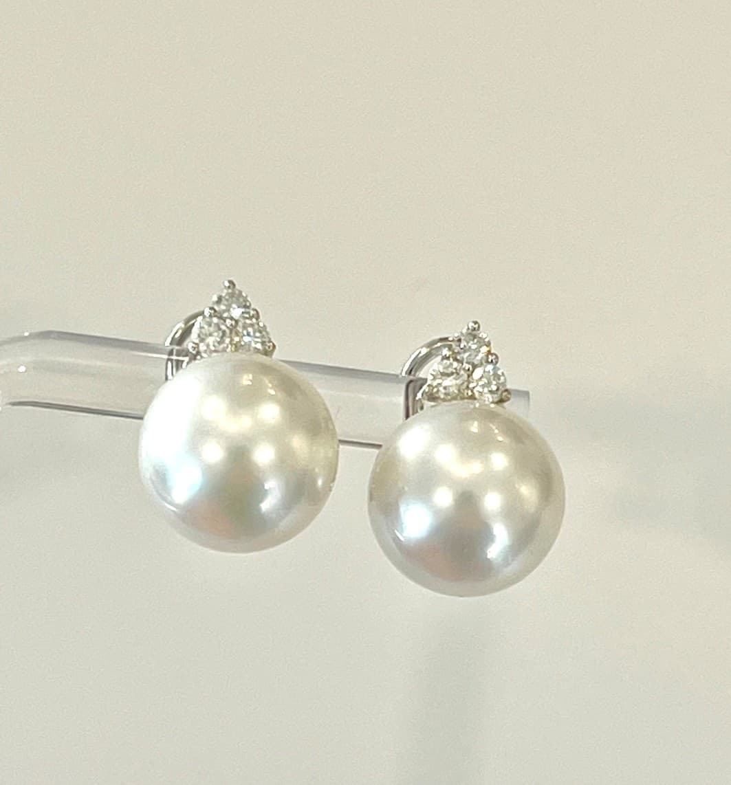 18K White Gold South Sea Pearl Earrings Featuring 12.2mm Pearls and .34ctw Diamonds
