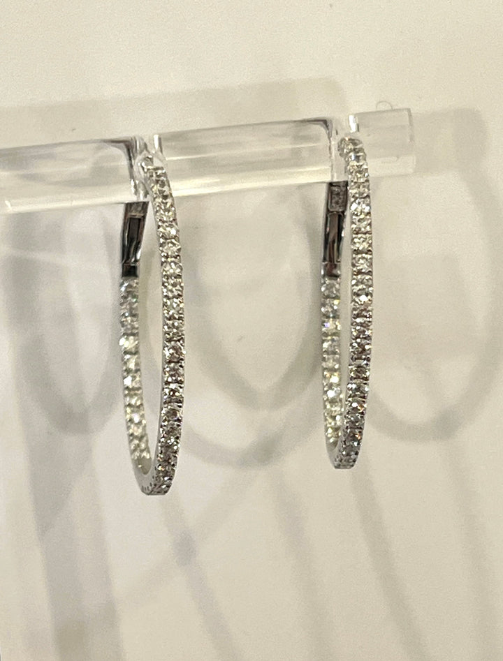 18K White Gold Diamond Hoop Earrings Featuring .84ctw Fine Diamonds, 1" Diameter