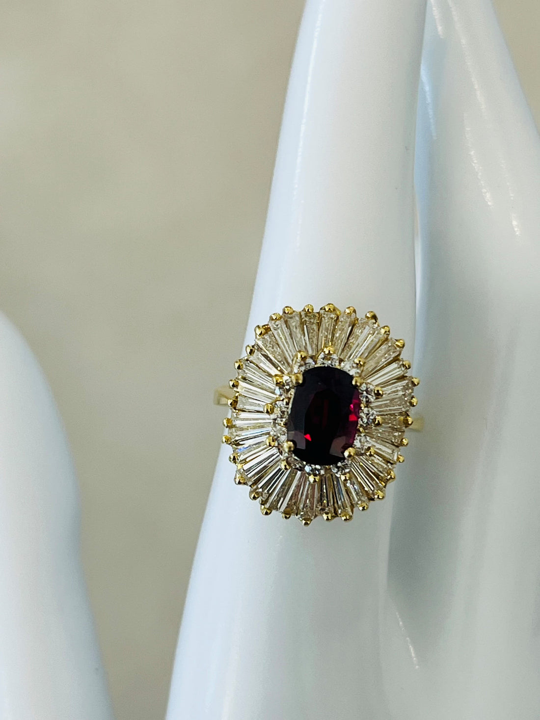18K Yellow Gold Ballerina Ring Featuring a 1.01ct Ruby with 1.85ctw Round and Baguette Diamonds