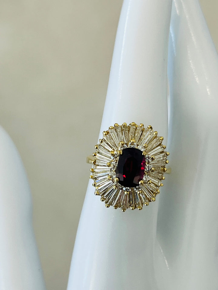 18K Yellow Gold Ballerina Ring Featuring a 1.01ct Ruby with 1.85ctw Round and Baguette Diamonds