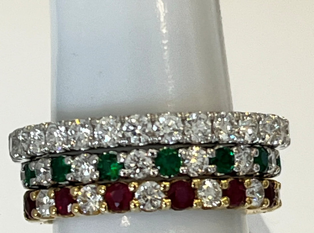 14K White Gold Stackable Halfway Around Wedding Band Featuring .22ct Fine Emeralds and .20ctw Diamonds