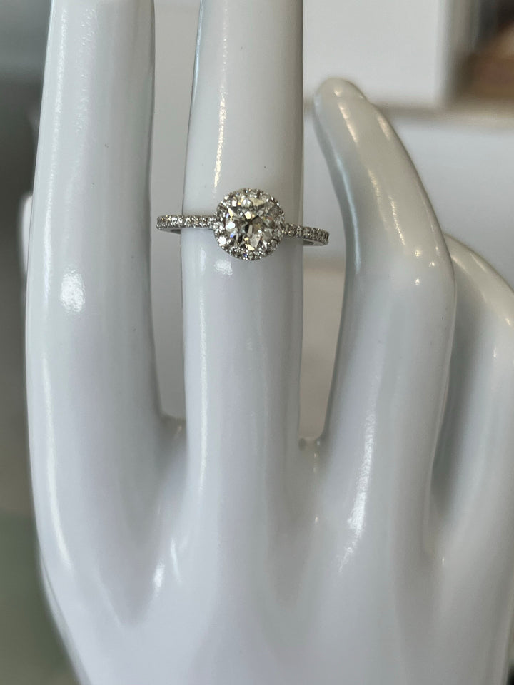 18K White Gold Ring Featuring a .71ct J VS Round Brilliant Diamond with .36ctw Diamond Halo and Side Accents