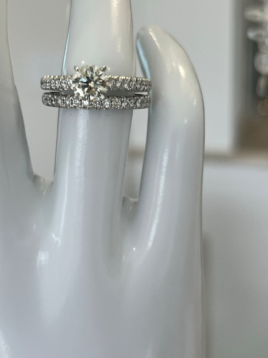 18K White Gold Bridal Set Featuring a .96ct N SI1 Round Brilliant Diamond with .55ctw Diamond Accents