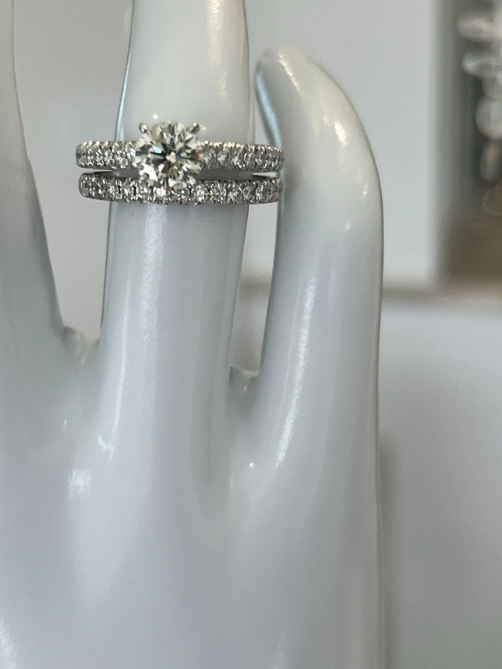 18K White Gold Bridal Set Featuring a .96ct N SI1 Round Brilliant Diamond with .55ctw Diamond Accents