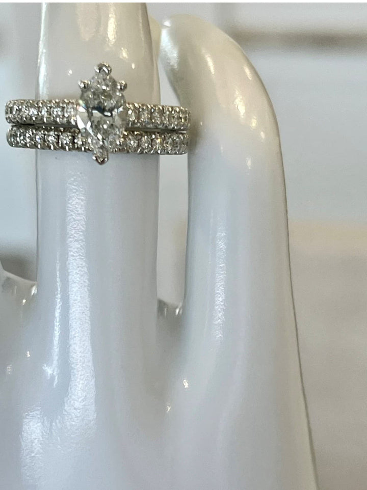14K White Gold Bridal Set Featuring a .96ct E I1 Marquise-Cut Diamond with .52ctw Diamond Accents