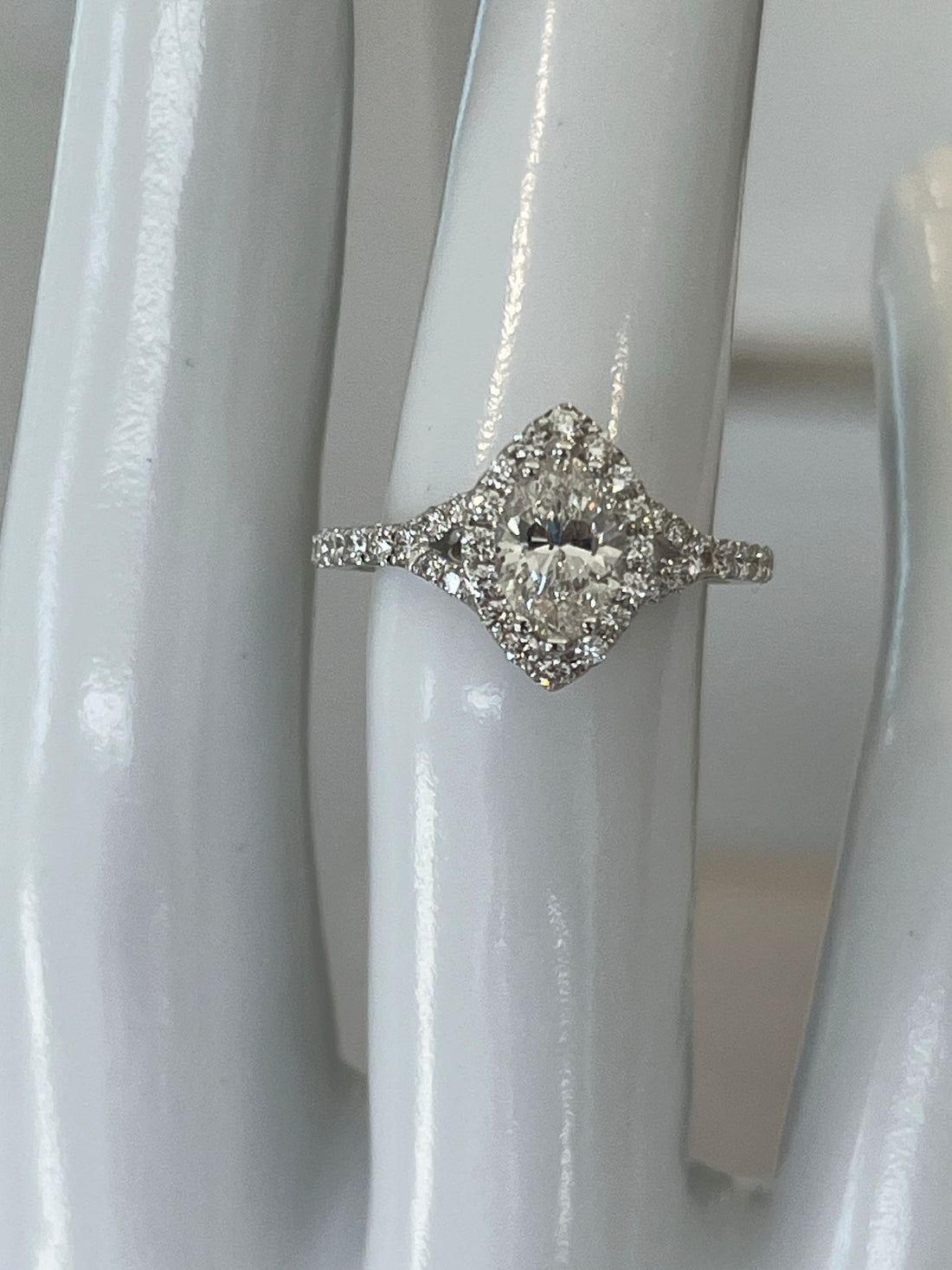 14K White Gold Split-Shank Halo Ring Featuring a 1.02ct H I1 Marquise-Shaped Diamond with .53ctw Diamond Accents