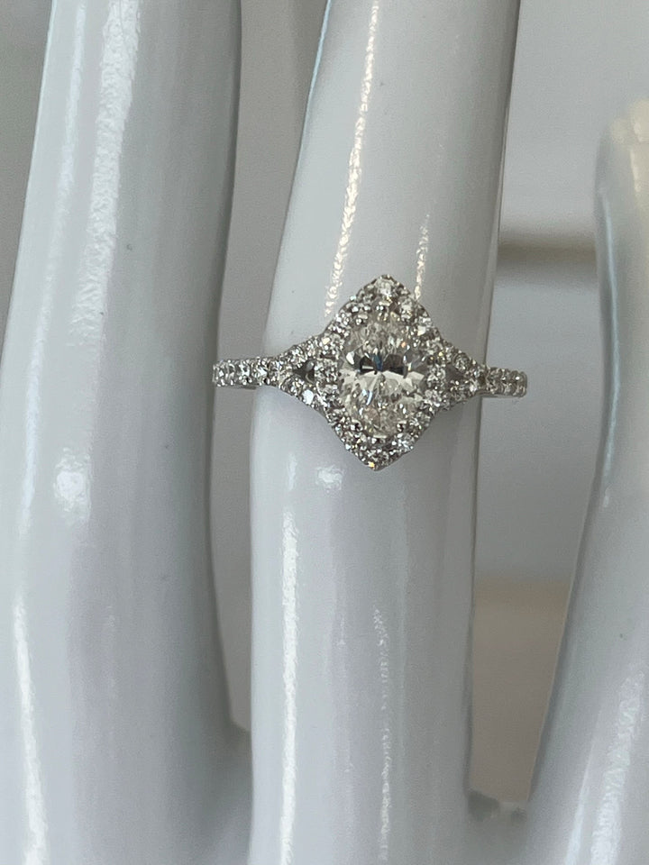 14K White Gold Split-Shank Halo Ring Featuring a 1.02ct H I1 Marquise-Shaped Diamond with .53ctw Diamond Accents