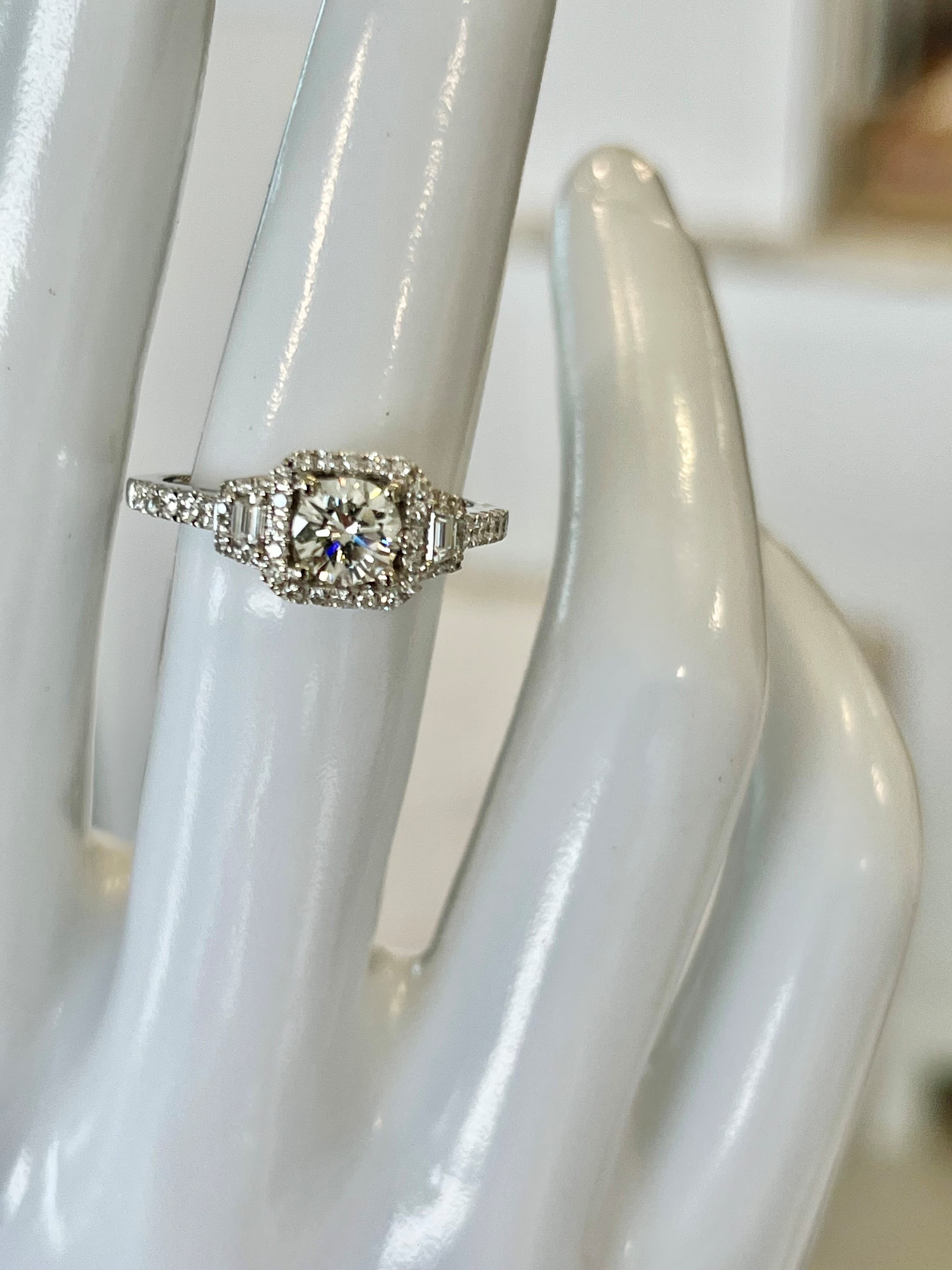 14K White Gold Three-Halo Engagement Ring Featuring a .58ct I SI1 Diamond with .44ctw Diamond Accents Including Step-Cut Trapezoids