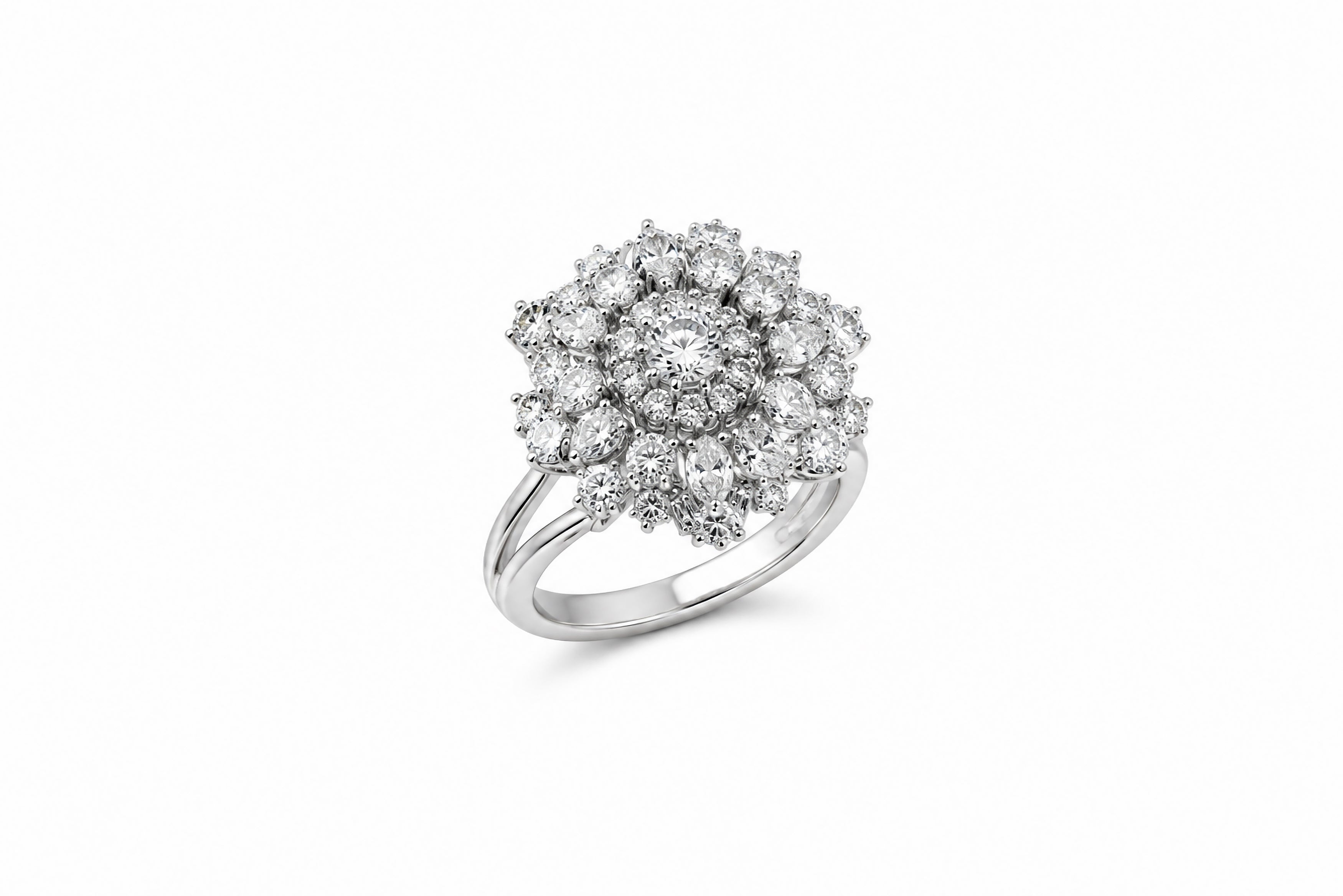 14K White Gold Cocktail Ring Featuring 2.84ctw Round Diamonds, .30ctw Baguette Diamonds, and .60ctw Marquise Diamonds