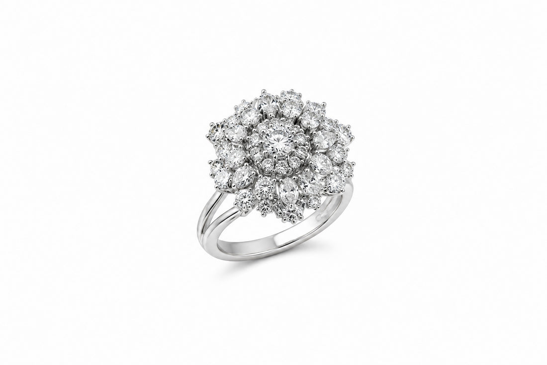 14K White Gold Cocktail Ring Featuring 2.84ctw Round Diamonds, .30ctw Baguette Diamonds, and .60ctw Marquise Diamonds