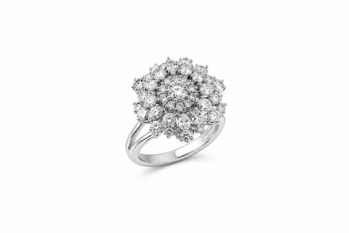 14K White Gold Cocktail Ring Featuring 2.84ctw Round Diamonds, .30ctw Baguette Diamonds, and .60ctw Marquise Diamonds