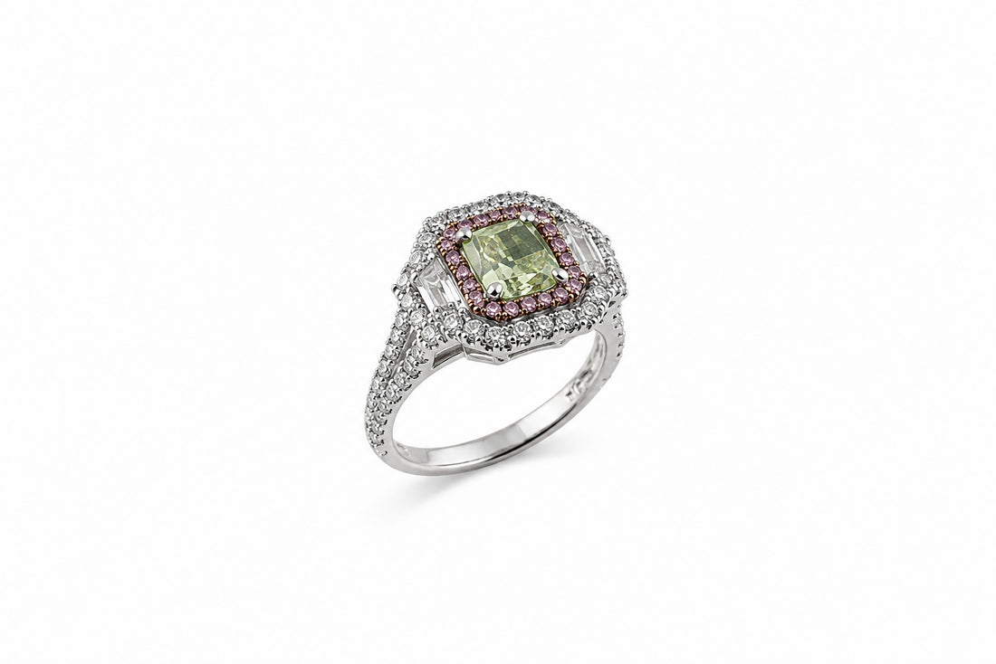 18K White Gold Ring Featuring a 1.32ct Fancy Intense Neon Green Diamond with Natural Pink Diamonds (.14ctw), Round Diamonds (.94ctw), and Trapezoid Diamonds (.41ctw)