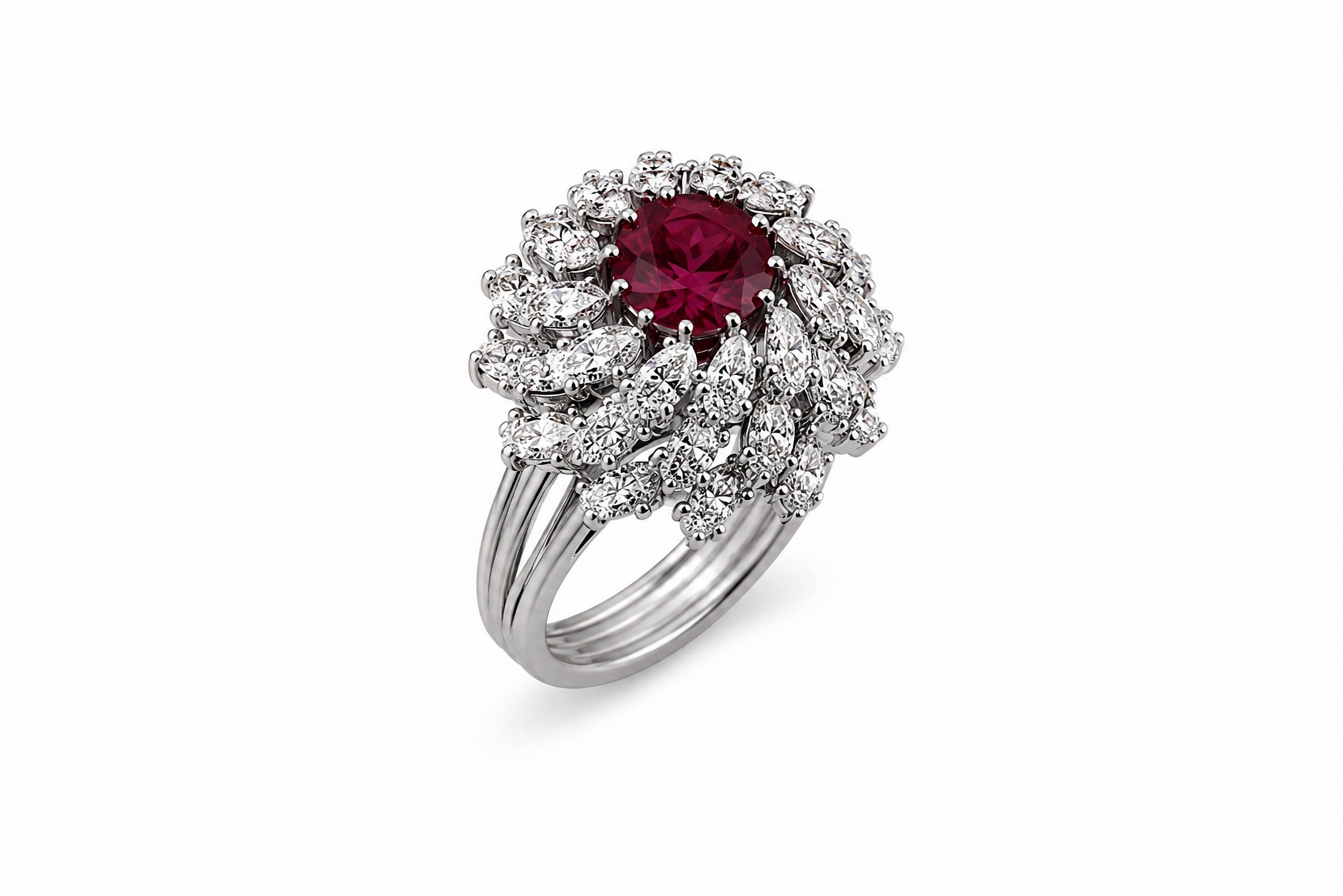 Platinum Ring Featuring a 2.88ct Pinkish-Red Tourmaline with 2.50ctw Round and Marquise Diamonds