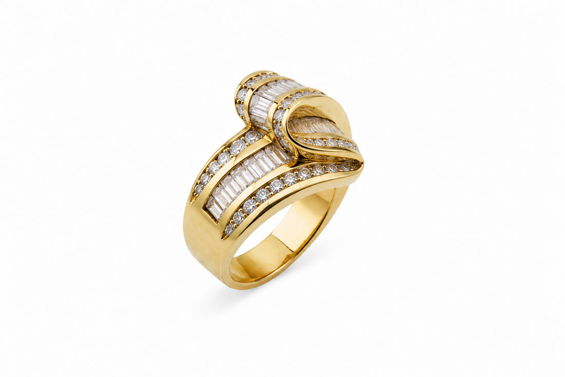 18K Yellow Gold Charles Krypell Ribbon Ring Featuring 1.41ctw Round Diamonds and 2.39ctw Baguette Diamonds