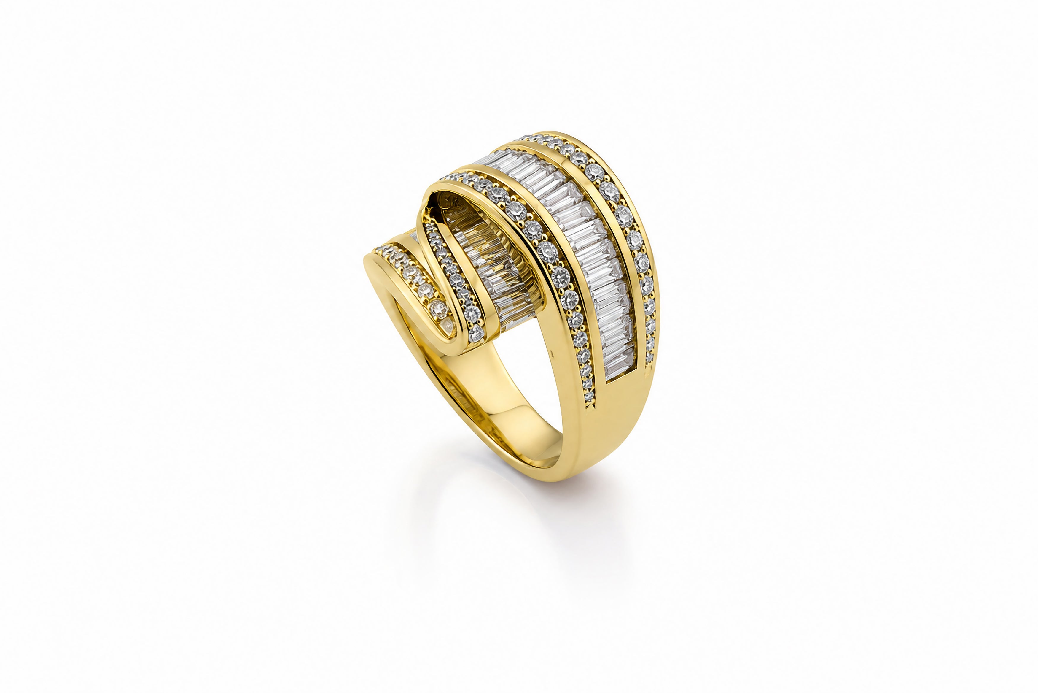18K Yellow Gold Charles Krypell Ribbon Ring Featuring 1.41ctw Round Diamonds and 2.39ctw Baguette Diamonds