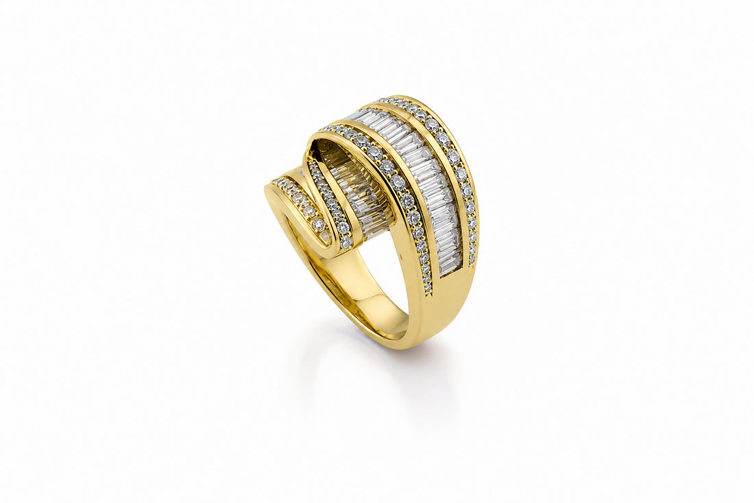 18K Yellow Gold Charles Krypell Ribbon Ring Featuring 1.41ctw Round Diamonds and 2.39ctw Baguette Diamonds