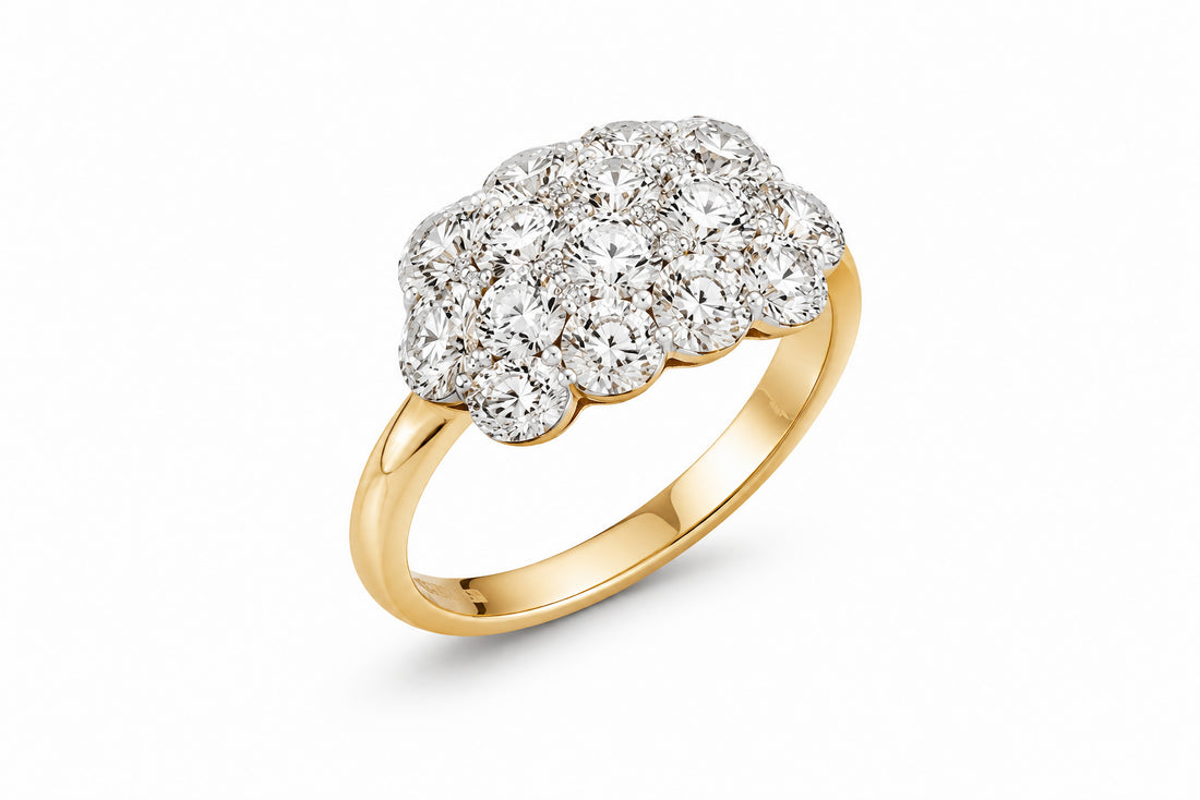 14K Yellow Gold Three-Row Wide Diamond Band Featuring 2.00ctw Old European Cut Diamonds with Milgrain Edges, Circa 1900 cluster ring