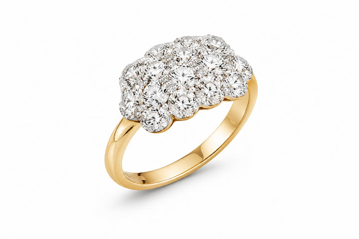14K Yellow Gold Three-Row Wide Diamond Band Featuring 2.00ctw Old European Cut Diamonds with Milgrain Edges, Circa 1900 cluster ring