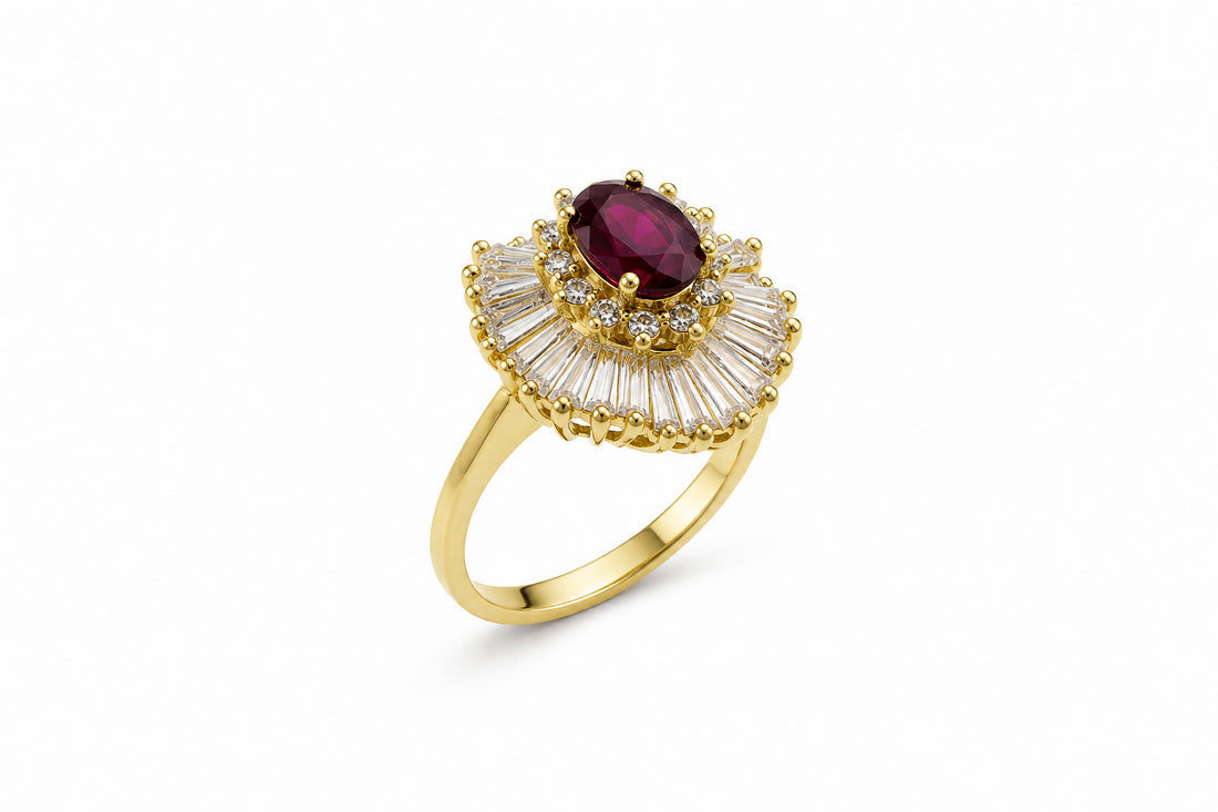 18K Yellow Gold Ballerina Ring Featuring a 1.01ct Ruby with 1.85ctw Round and Baguette Diamonds