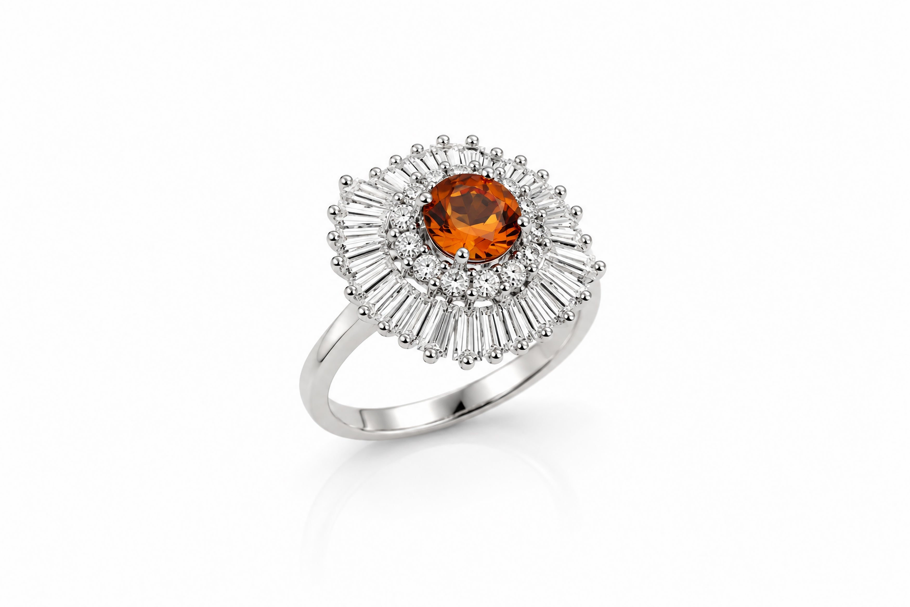 Platinum Ballerina Ring Featuring a 3.08ct Garnet with .72ctw Round Diamonds and 2.00ctw Baguette Diamonds