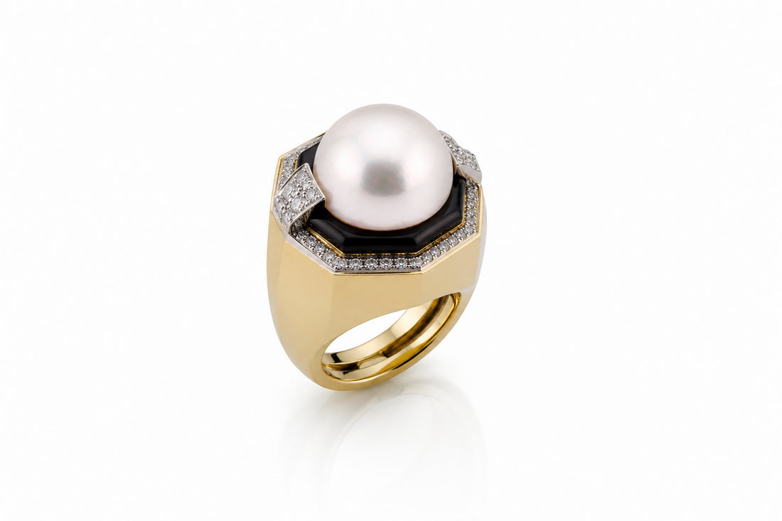18K Yellow Gold David Webb Mabe Pearl Ring Featuring .80ctw Diamonds, 1Ľ" Wide, Weighing 36.2 Grams. Matching Earrings Available