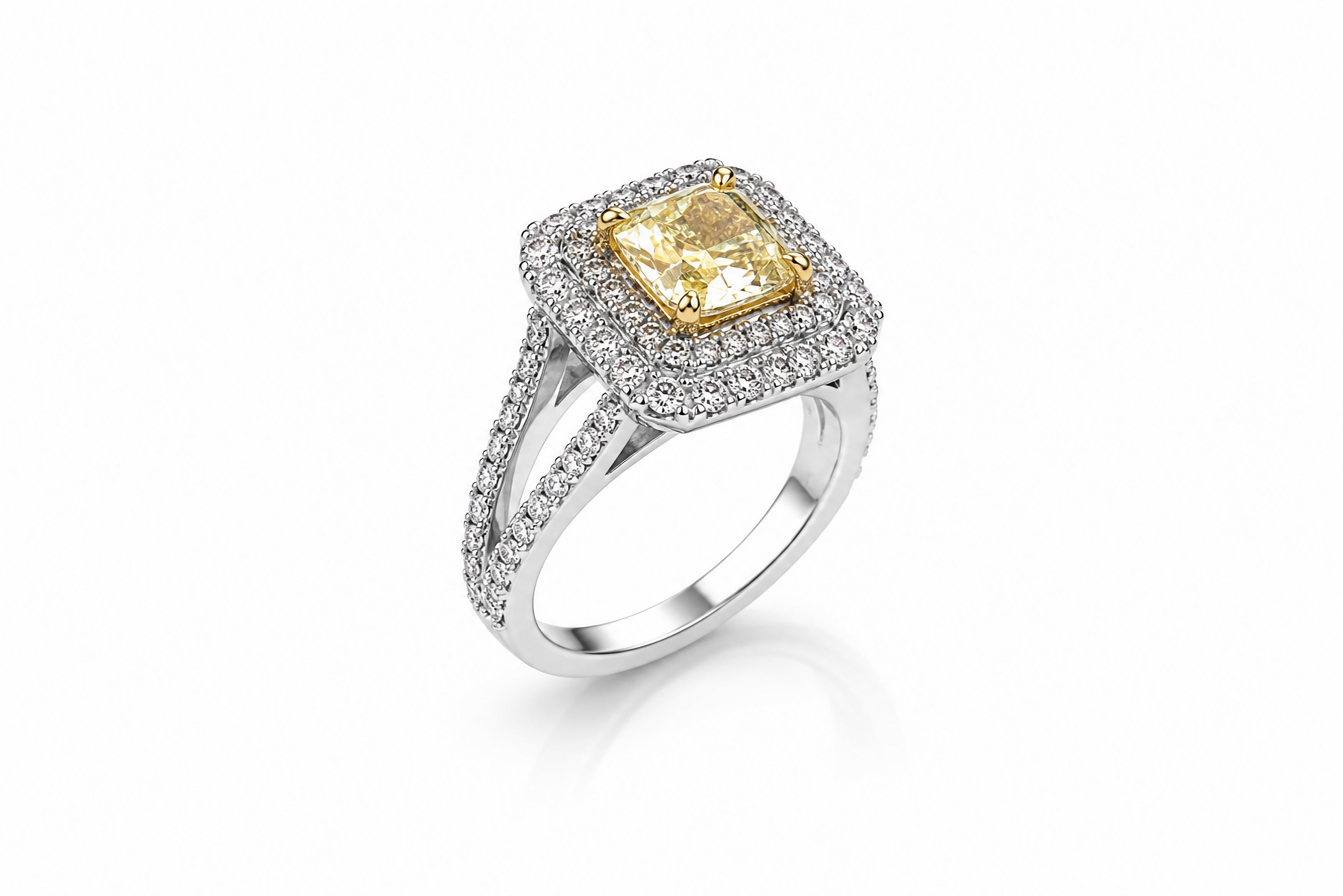 18K White Gold Ring Featuring a 2.77ct Fancy Yellow VVS2 Diamond with 1.73ctw White Diamond Accents