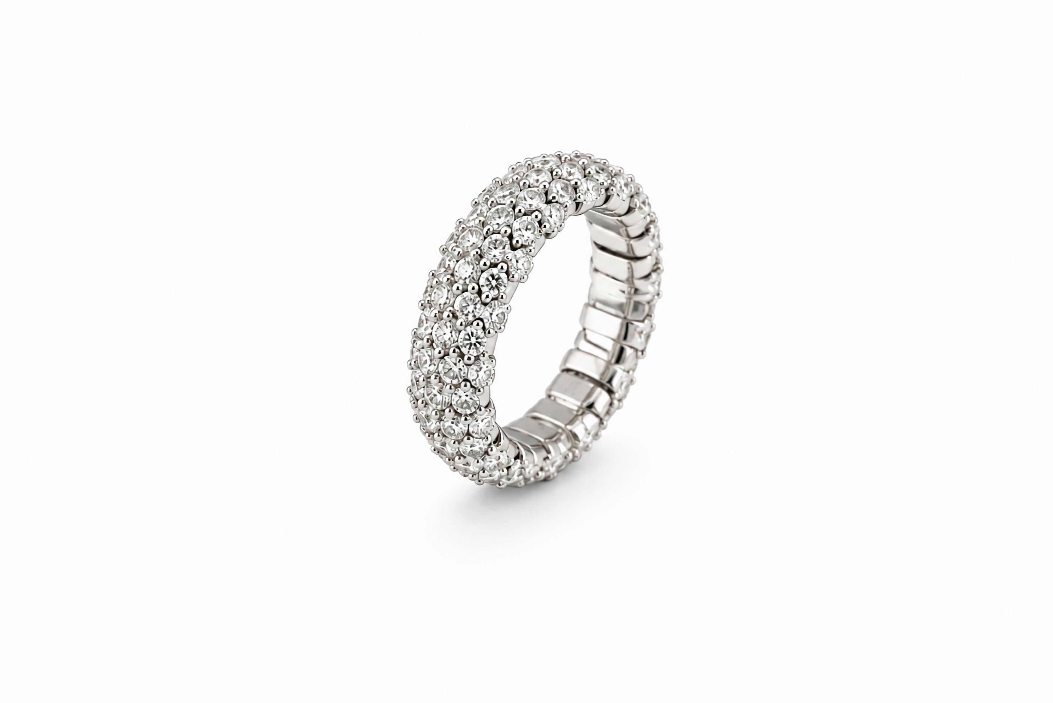 14K White Gold Multi-Row Diamond Band Featuring Diamonds Set All the Way Around, Spring-Loaded Design for Ease of Wear