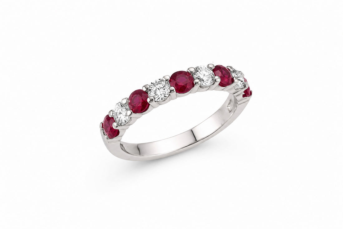 14K White Gold Halfway Around Anniversary Band Featuring .72ct Fine Rubies and .56ctw Fine Diamonds ring
