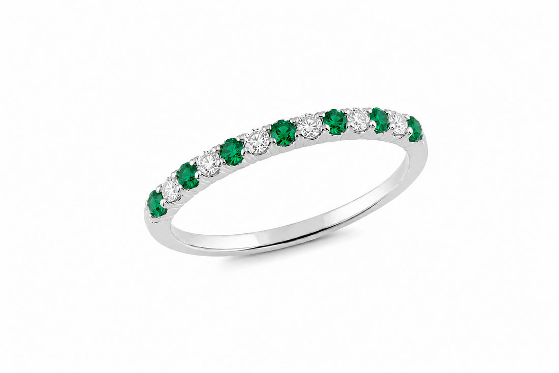 14K White Gold Stackable Halfway Around Wedding Band Featuring .22ct Fine Emeralds and .20ctw Diamonds ring