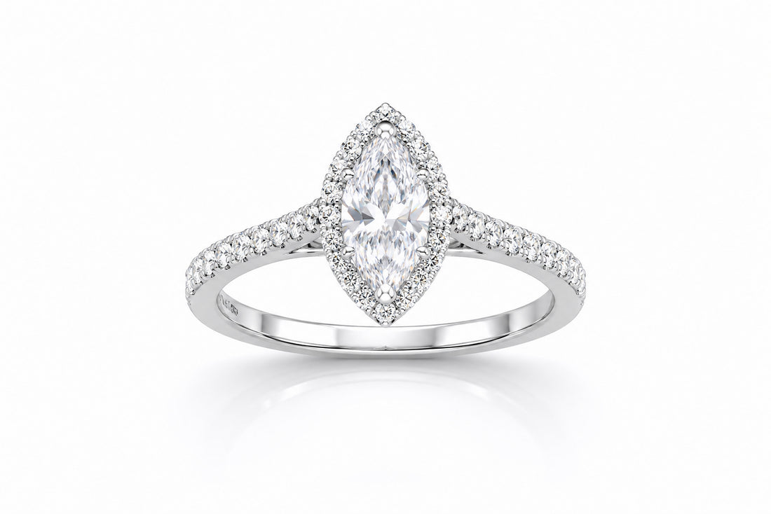 14K White Gold Ring Featuring a .97ct D SI2 Marquise-Shaped Diamond with .64ctw Diamond Accents engagement