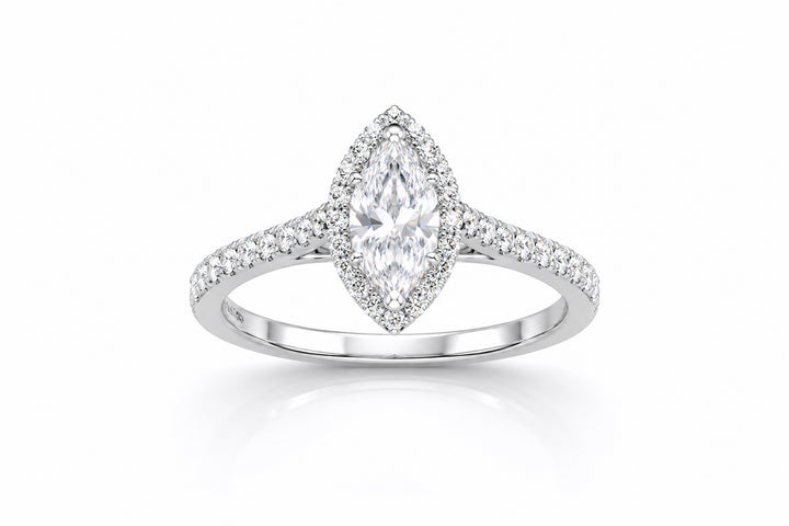 14K White Gold Ring Featuring a .97ct D SI2 Marquise-Shaped Diamond with .64ctw Diamond Accents engagement