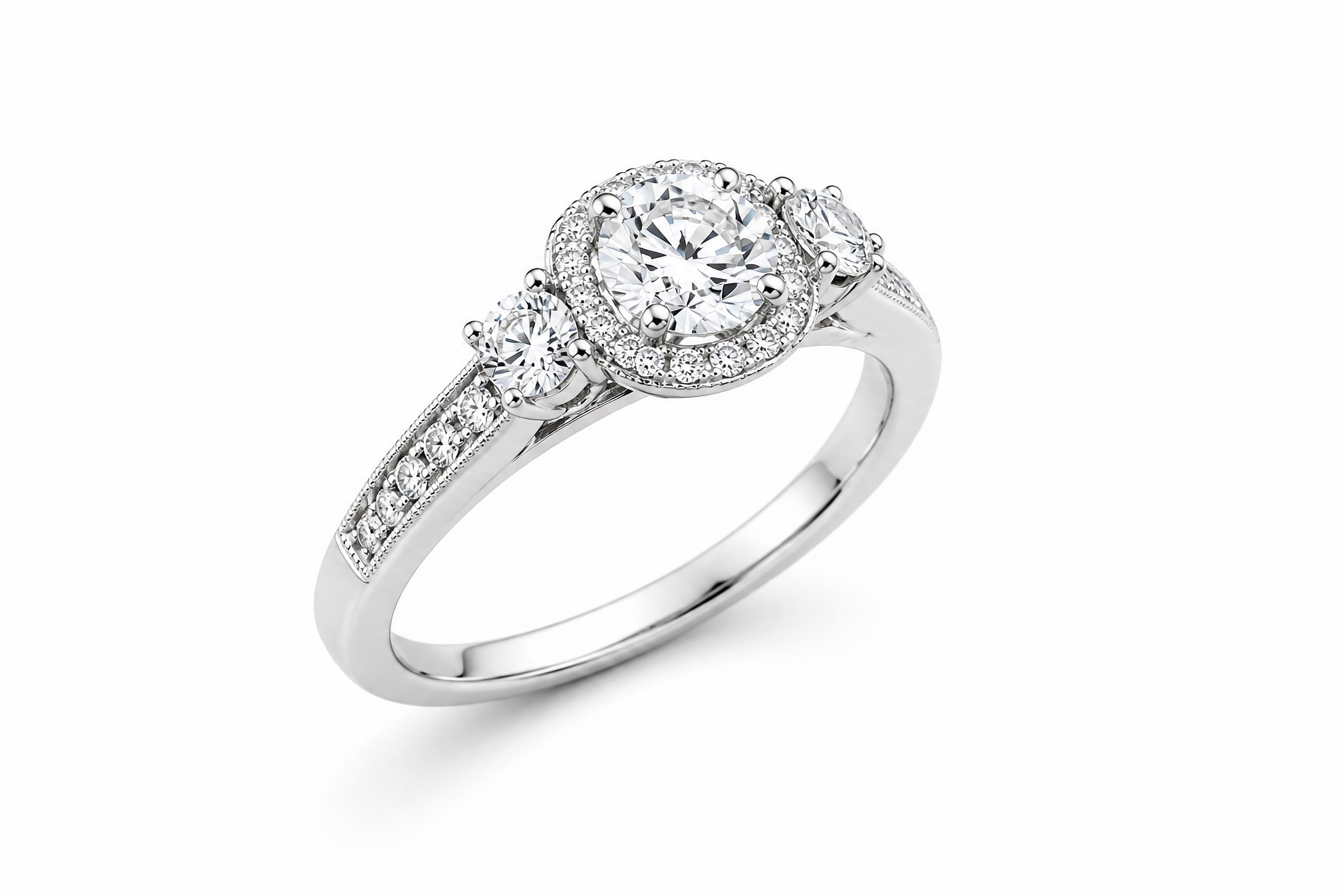 14K White Gold Engagement Ring Featuring a .49ct E VS2 Round Brilliant Diamond with .49ctw Diamond Accents