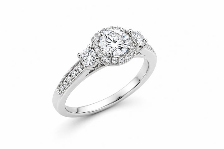 14K White Gold Engagement Ring Featuring a .49ct E VS2 Round Brilliant Diamond with .49ctw Diamond Accents