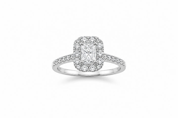 14K White Gold Halo Engagement Ring Featuring a .71ct I VS2 Elongated Radiant-Cut Diamond with .75ctw Diamond Accents