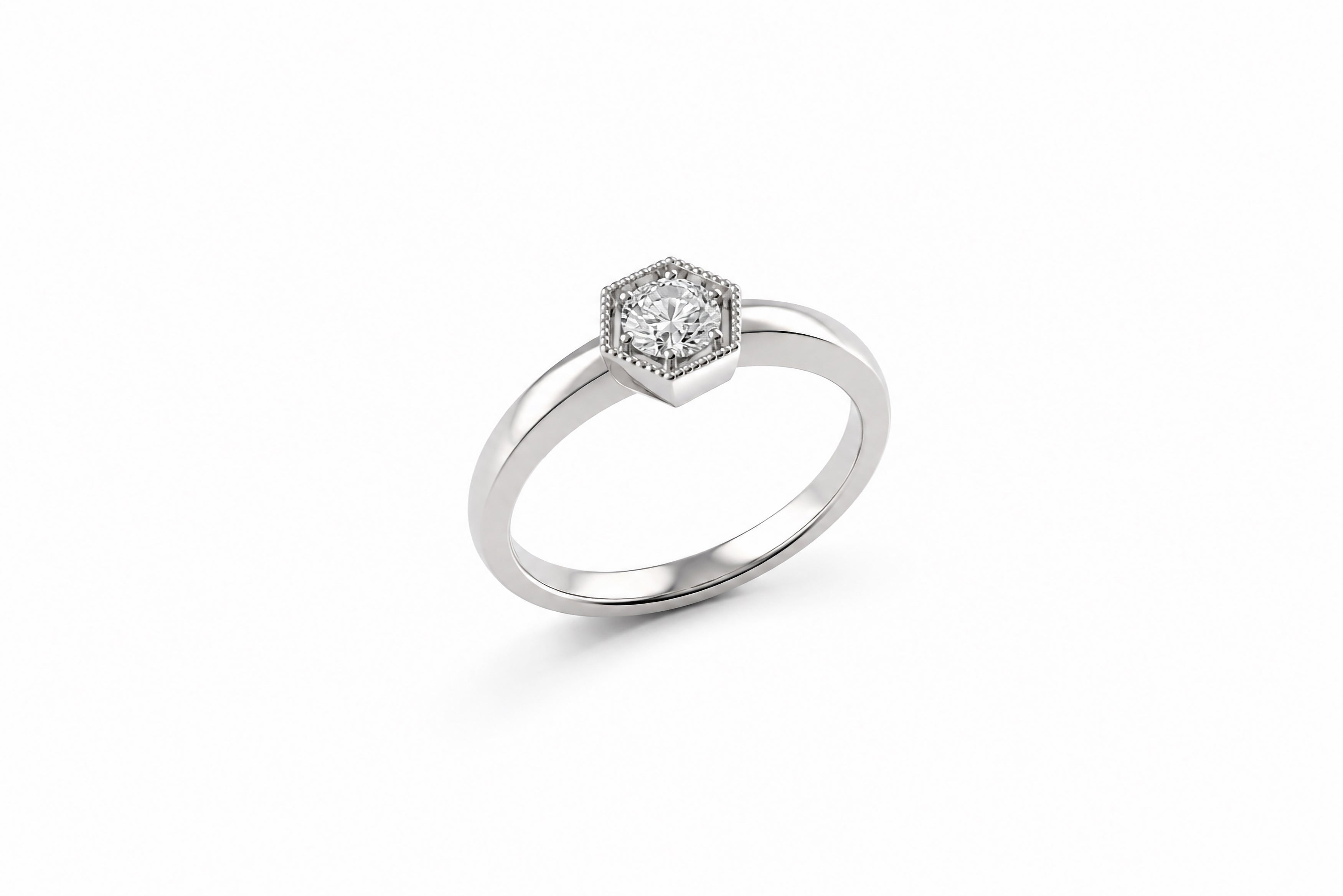 Platinum Ring Featuring a .43ct H VS1 Round Brilliant Diamond with a Milgrain Edge hexagon