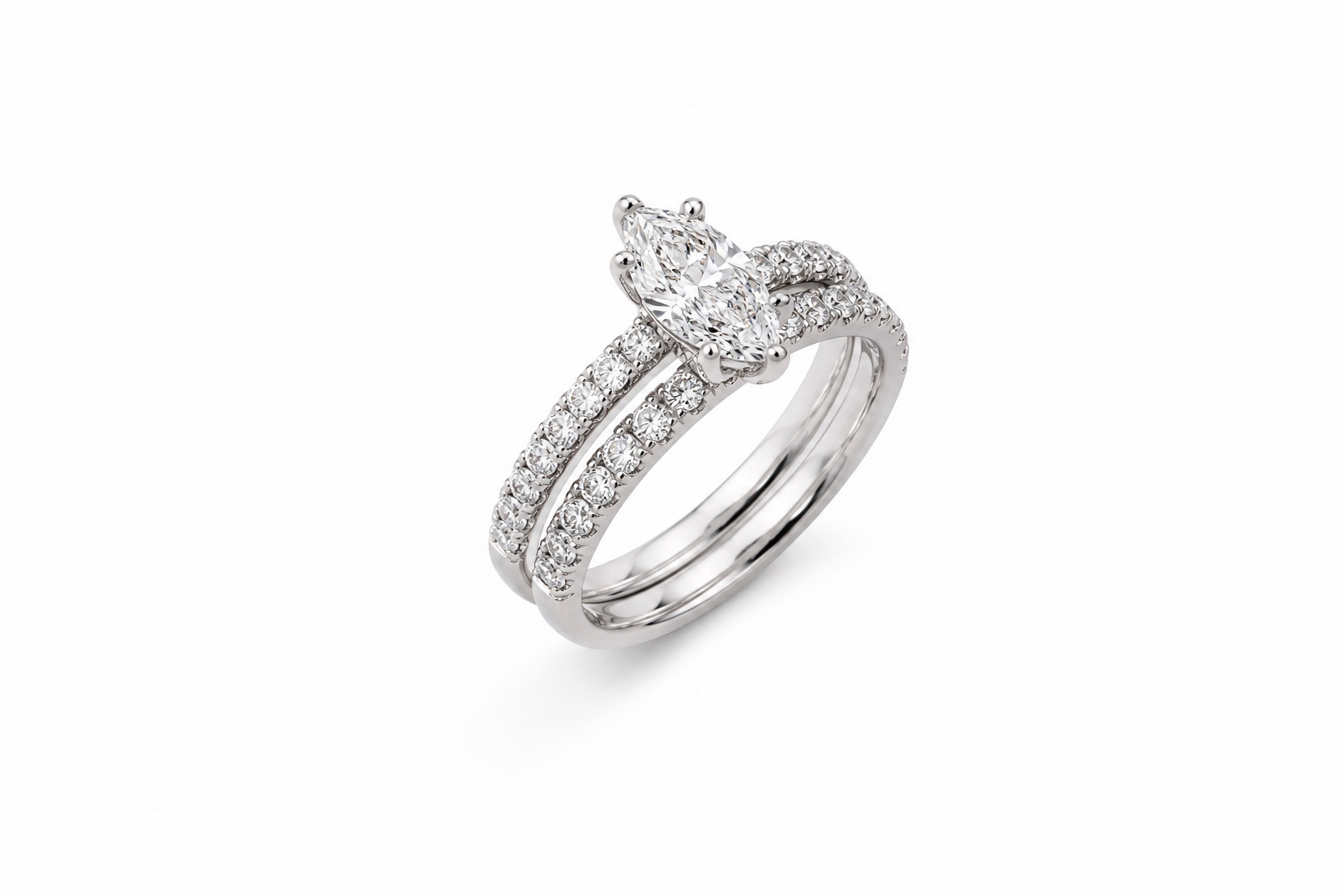 14K White Gold Bridal Set Featuring a .96ct E I1 Marquise-Cut Diamond with .52ctw Diamond Accents ring