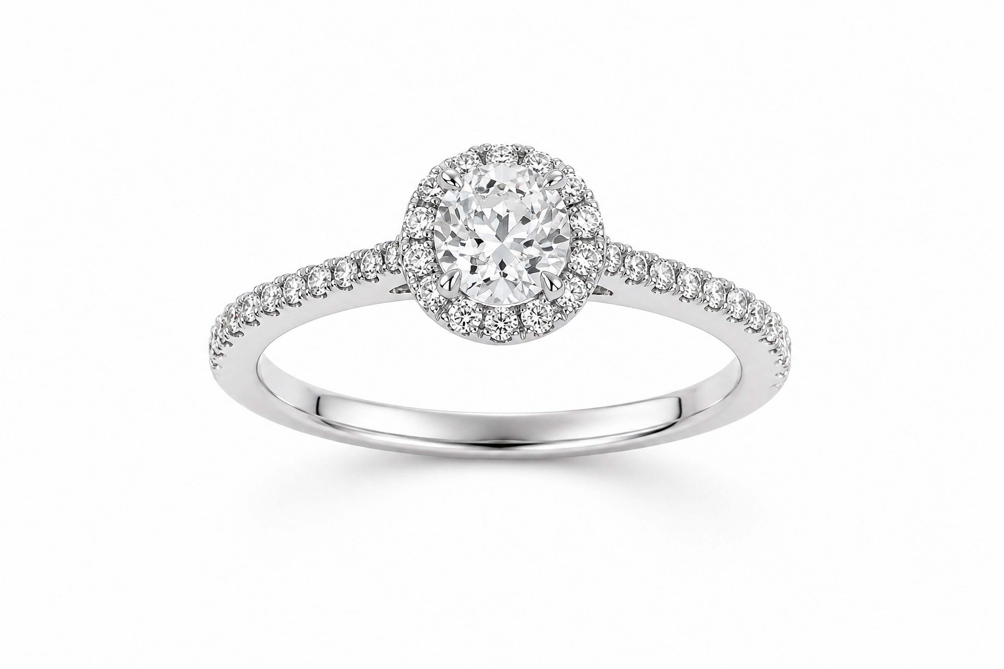 18K White Gold Ring Featuring a .71ct J VS Round Brilliant Diamond with .36ctw Diamond Halo and Side Accents