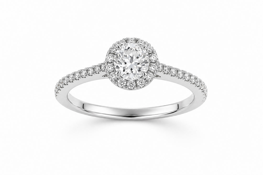 18K White Gold Ring Featuring a .71ct J VS Round Brilliant Diamond with .36ctw Diamond Halo and Side Accents