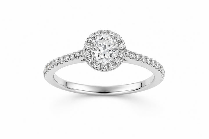 18K White Gold Ring Featuring a .71ct J VS Round Brilliant Diamond with .36ctw Diamond Halo and Side Accents