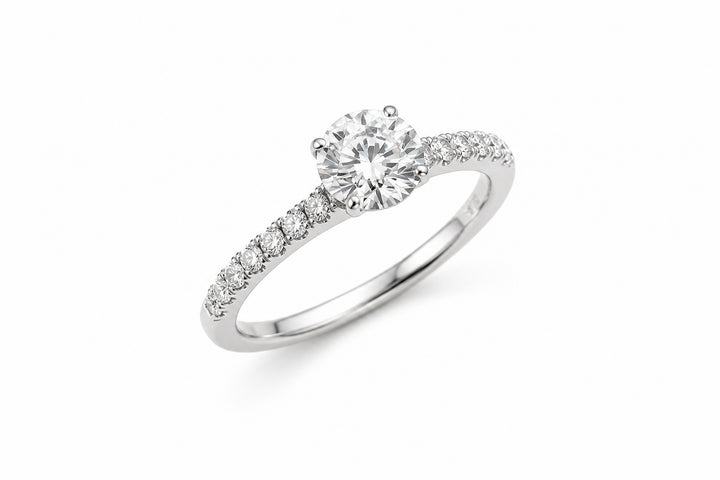 14K White Gold Engagement Ring Featuring a .74ct J VS1 Round Brilliant Diamond with .26ctw Diamond Accents